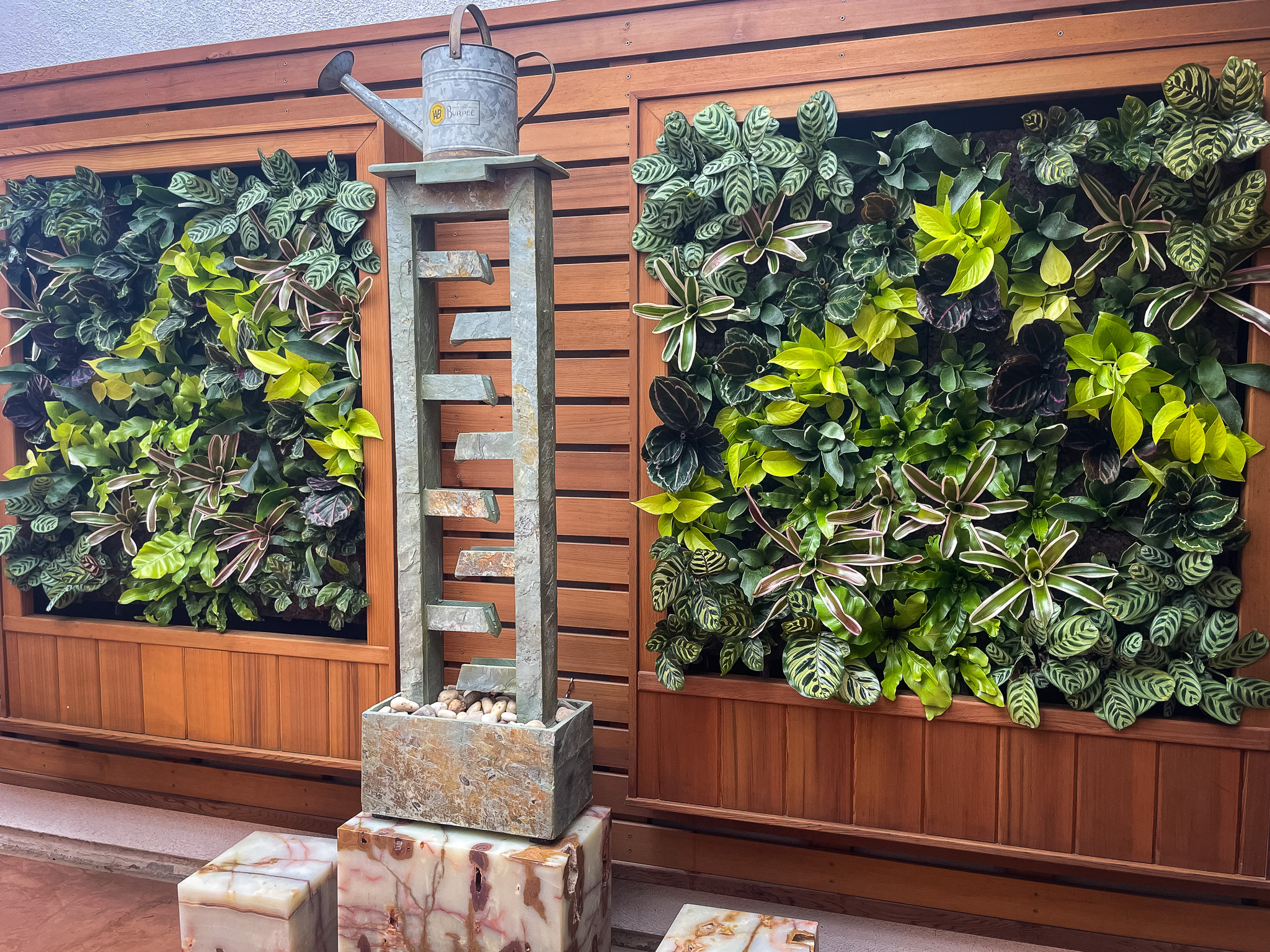 Entry way living wall systems side by side with tropical living plants
