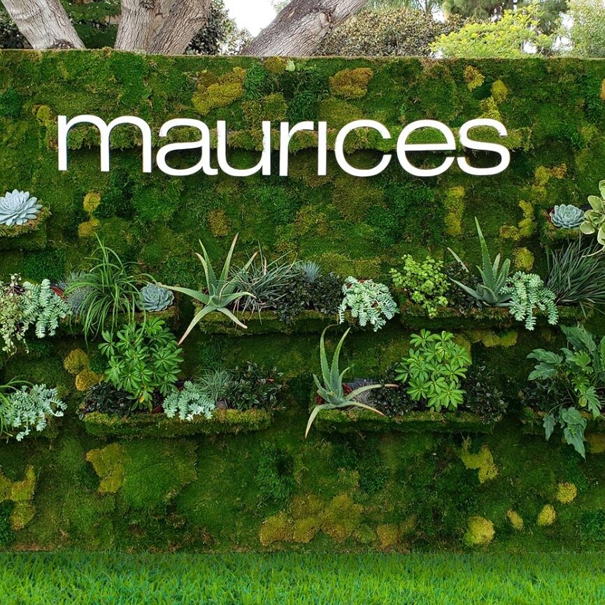 Maurices-ParkHyattAviara-LivingWall-Rental Moss Living Wall. Vertical Garden Solutions provides Moss Walls to their clients. Maurices Park Hyatt Aviara wanted a large Preserved Moss Wall with a moss logo art design
